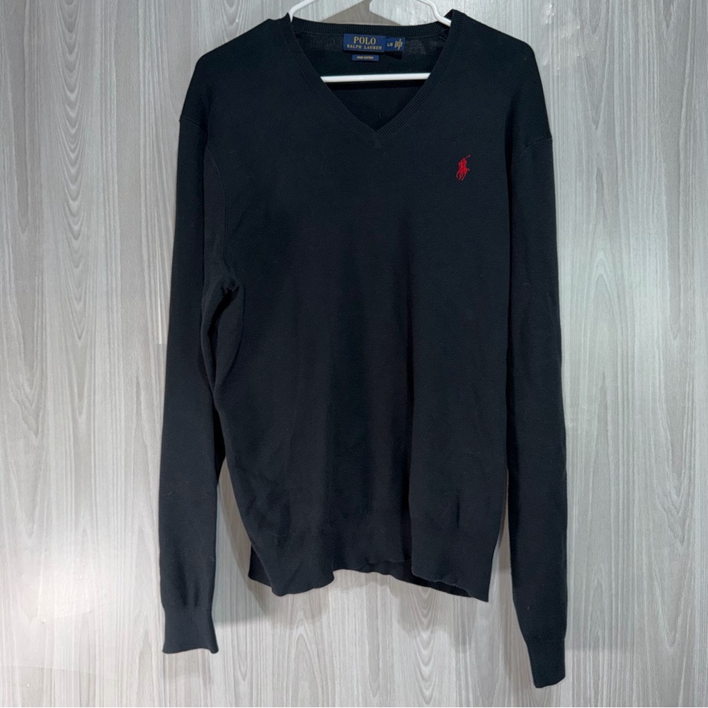 Ralph Lauren Polo Black Crewneck Sweater Size L Pima Cotton Pony Logo Lightweigh